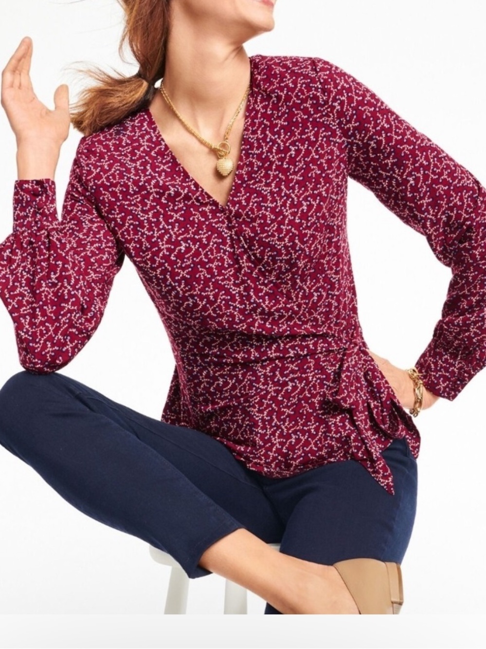 Talbots🌷 Burgundy and White  Long Sleeve Wrap Blouse, size M